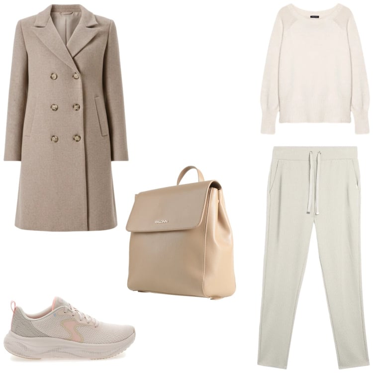 Outfit donna - Neutral colors in città. Stile Sporty chic per Tutti i giorni. Abbinamento con zaini, pantaloni, cappotti, maglieria, sneakers.