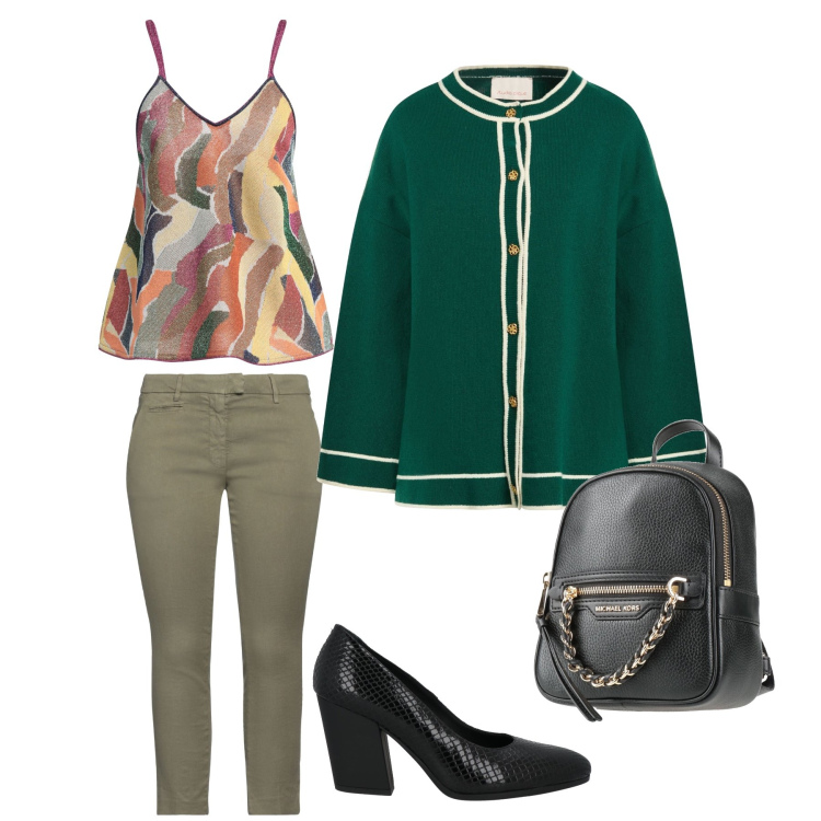 Outfit donna - Bon Ton Moderno. Stile Casual chic per Tutti i giorni. Abbinamento con pantaloni, décolleté, zaini, cardigans, top.