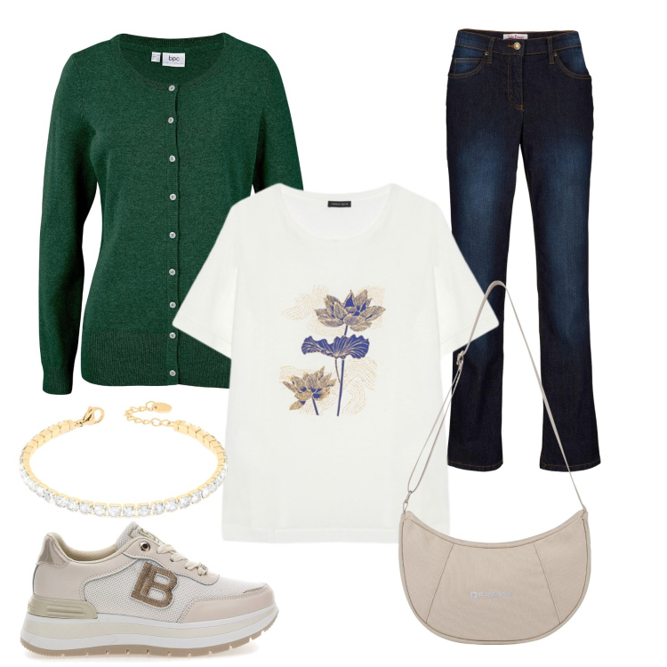 Outfit donna - Zen Urbano. Stile Casual chic per Tutti i giorni. Abbinamento con jeans dritti, cardigans, borse a spalla, braccialetti, t-shirt, sneakers.