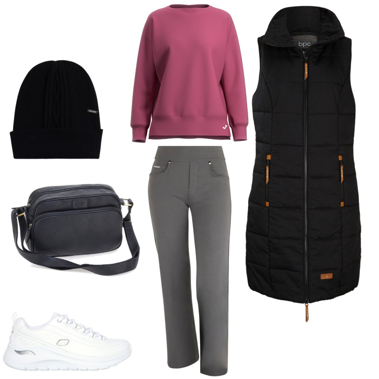 Outfit donna - Soft Pop & Urban Comfort. Stile Casual per Tutti i giorni. Abbinamento con gilet, pantaloni, berretti, felpe, borse a tracolla, sneakers.