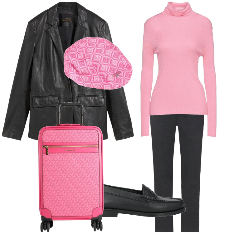 Outfit donna - Go!. Stile Casual chic per Tutti i giorni. Abbinamento con blazer, pantaloni, cappelli con visiera, maglieria, mocassini, valigie.