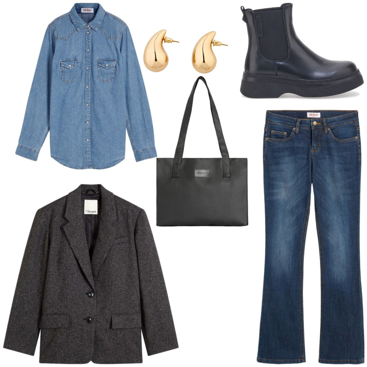 Outfit donna - In ufficio comoda ma con stile. Stile Casual chic per Ufficio. Abbinamento con jeans bootcut, blazer, camicie, orecchini, shopping bag, stivaletti.