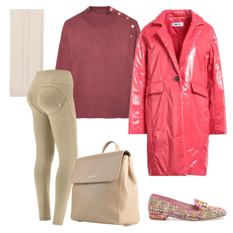 Outfit donna - Total look #2325573. Stile Casual chic per Serata fuori. Abbinamento con cappotti, zaini, pantaloni skinny, sciarpe, mocassini, maglieria.