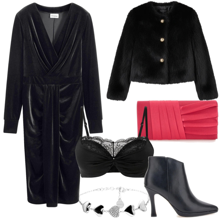 Outfit donna - Love, but make it fashion. Stile Chic per Serata fuori. Abbinamento con reggiseni push-up, vestiti midi/longuette, braccialetti, ecopellicce, pochette, stivaletti.