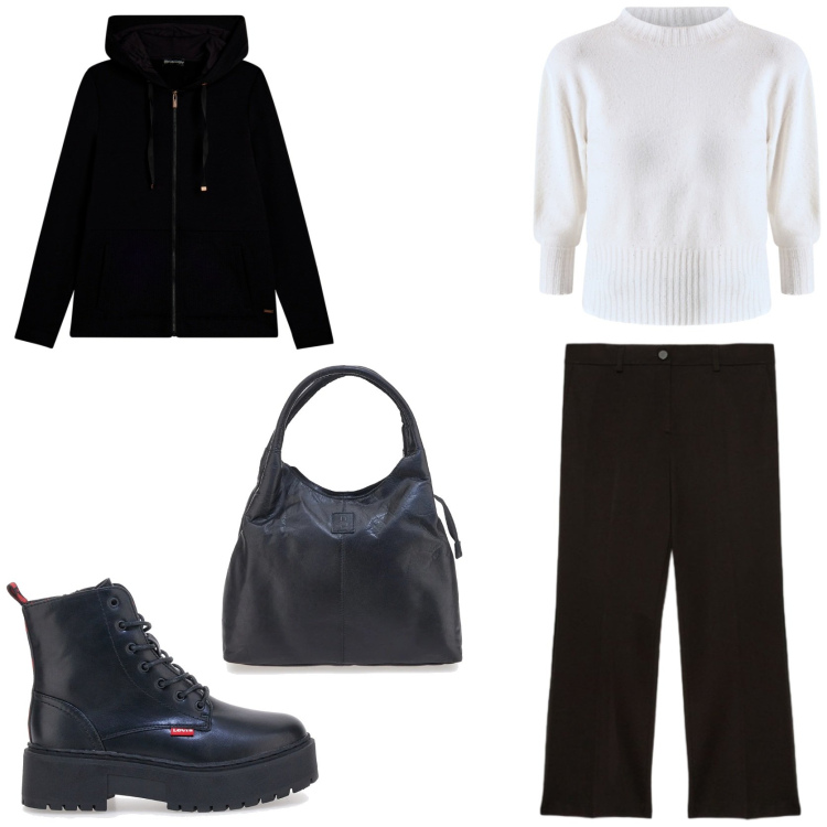 Outfit donna - Comoda e chic. Stile Sporty chic per Tutti i giorni. Abbinamento con felpe con cappuccio, maglieria, anfibi, pantaloni, borse a mano.