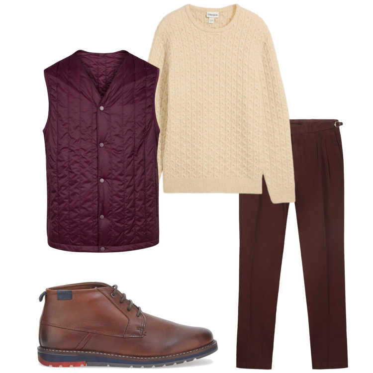 Outfit uomo - In ufficio. Stile Casual per Ufficio. Abbinamento con maglieria, piumini, scarpe stringate, pantaloni.