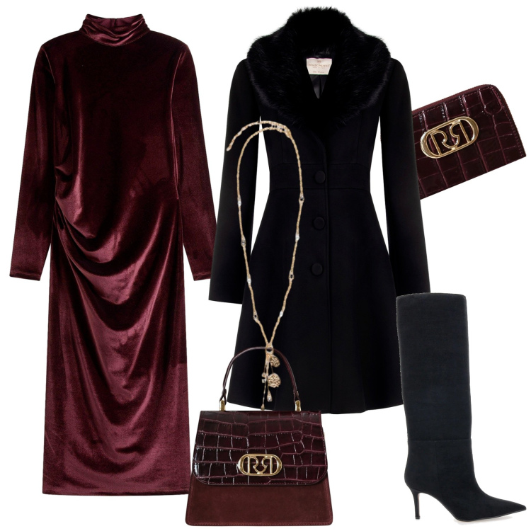 Outfit donna - Love, but make it fashion. Stile Chic per Serata fuori. Abbinamento con vestiti midi/longuette, cappotti, portafogli, borse a mano, ciondoli, stivali.