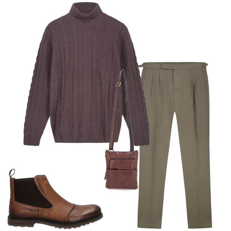 Outfit uomo - Maglione collo alto. Stile Urban per Ufficio. Abbinamento con portafogli, stivali e stivaletti, maglieria, pantaloni.
