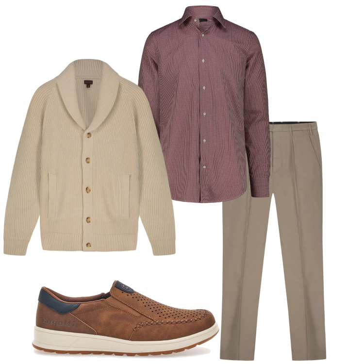 Outfit uomo - Con il cardigan. Stile Casual per Tutti i giorni. Abbinamento con cardigans, sneakers, camicie, pantaloni.