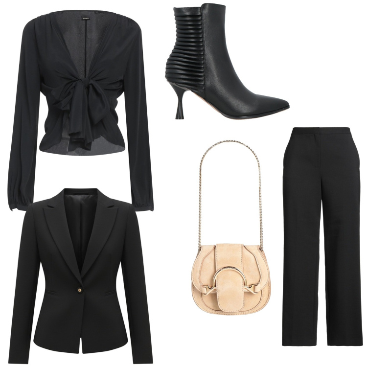 Outfit donna - Una cena romantica. Stile Sexy per Serata fuori. Abbinamento con marsupi, pantaloni, stivaletti, top, blazer.
