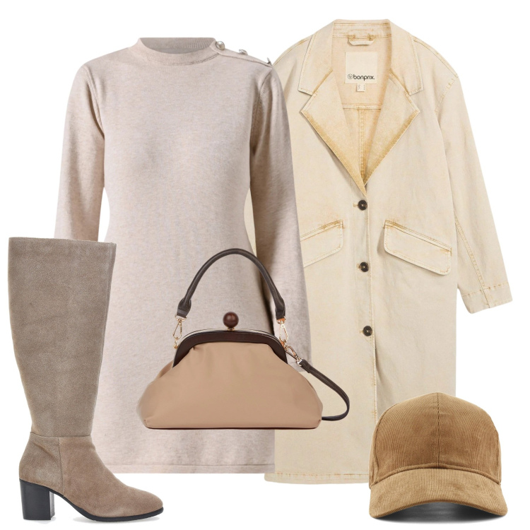 Outfit donna - Sabbia e burro. Stile Chic per Tutti i giorni. Abbinamento con trench, vestiti corti, clutch, stivali, cappelli con visiera.