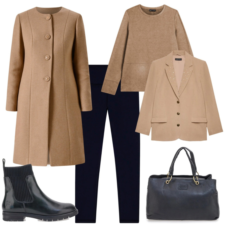 Outfit donna - In ufficio con stile. Stile Trendy per Ufficio. Abbinamento con felpe, leggings, cappotti, stivaletti, blazer, borse a mano.