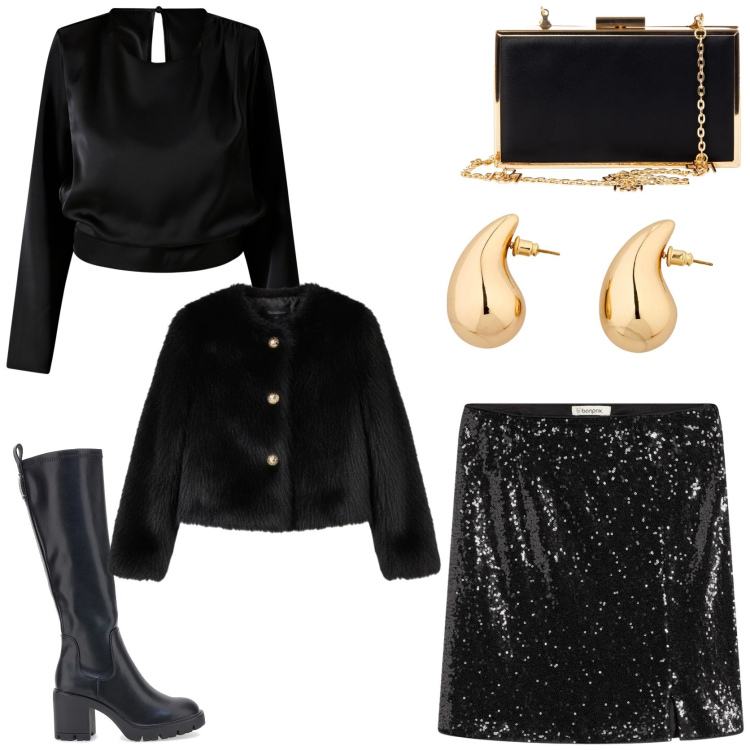 Outfit donna - Serata speciale. Stile Trendy per Serata fuori. Abbinamento con orecchini, minigonne, pochette, bluse, ecopellicce, stivali.