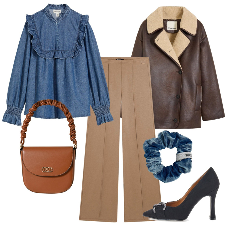 Outfit donna - Romantico denim. Stile Bon Ton per Ufficio. Abbinamento con camicie, blazer, pantaloni, accessori per capelli, borse a mano, décolleté.