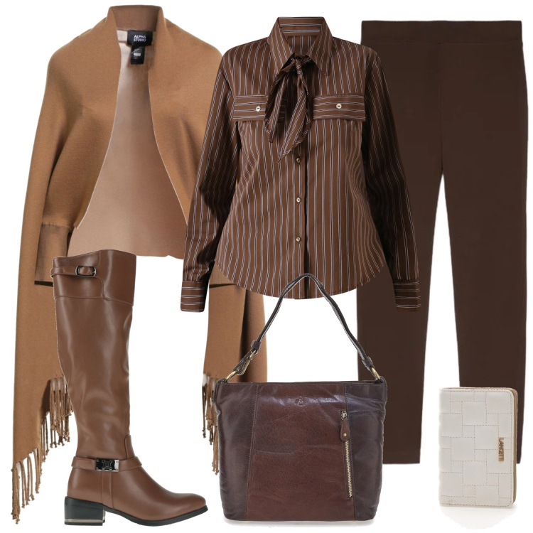 Outfit donna - Passeggiata e shopping in città. Stile Casual chic per Tutti i giorni. Abbinamento con cappe, stivali, camicie, portafogli, leggings, borse a spalla.