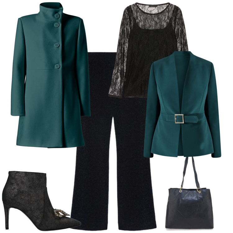 Outfit donna - Chic serata evento speciale. Stile Chic per Serata fuori. Abbinamento con stivaletti, cappotti, blazer, bluse, pantaloni, shopping bag.