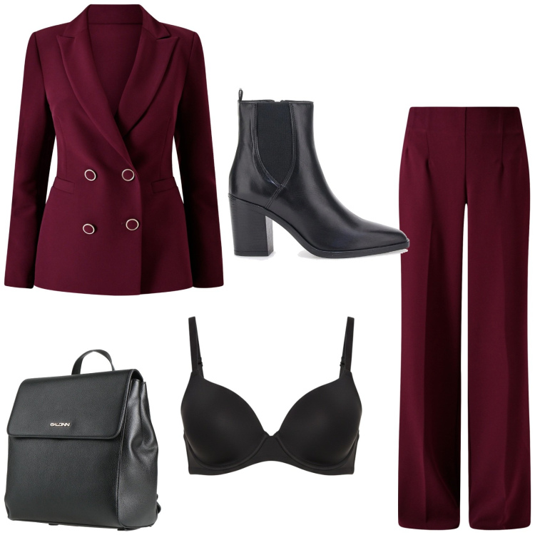Outfit donna - Sexy in bordeaux e nero. Stile Sexy per Serata fuori. Abbinamento con zaini, pantaloni a palazzo, blazer, reggiseni, stivaletti.