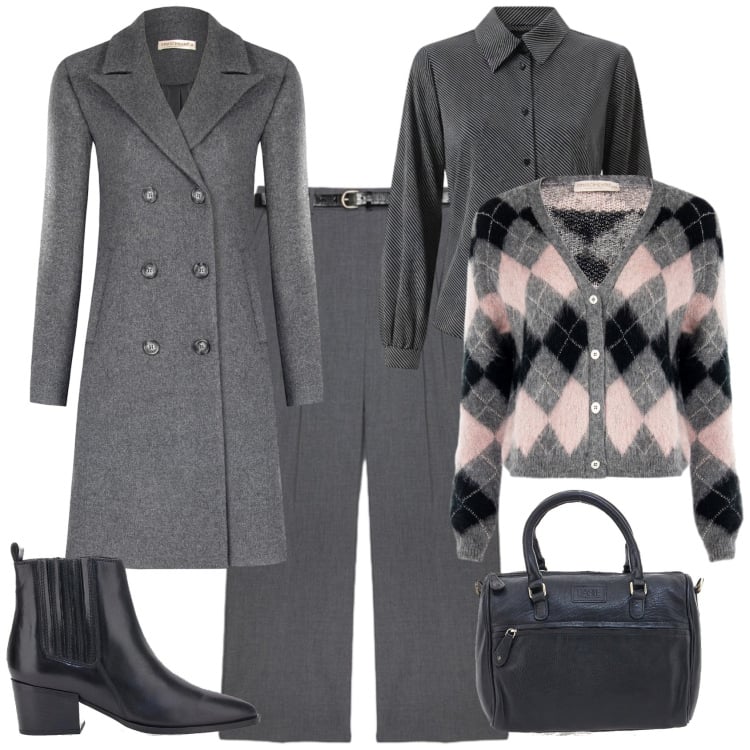 Outfit donna - In ufficio con stile. Stile Minimal per Ufficio. Abbinamento con cardigans, cappotti, camicie, stivaletti chelsea, pantaloni, borse a tracolla.