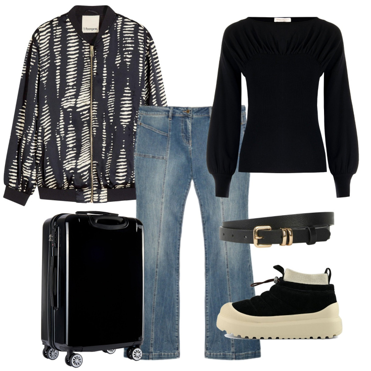 Outfit donna - In partenza. Stile Casual per Tutti i giorni. Abbinamento con bomber, cinture, valigie, maglieria, stivaletti, jeans.