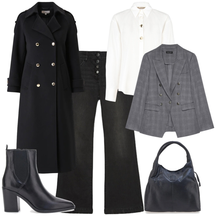 Outfit donna - In ufficio con stile. Stile Trendy per Ufficio. Abbinamento con cappotti, camicie, jeans, blazer, stivaletti, borse a mano.