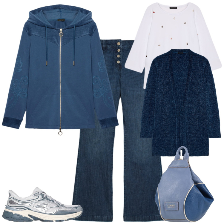 Outfit donna - Sporty chic in ufficio. Stile Sporty chic per Ufficio. Abbinamento con zaini, cardigans, felpe con cappuccio, sneakers, t-shirt, jeans.