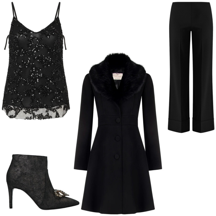 Outfit donna - Stile glam e femminile. Stile Glamour per Serata fuori. Abbinamento con stivaletti, canottiere, cappotti, pantaloni a palazzo.