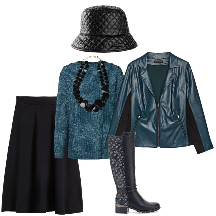 Outfit donna - Verde ottanio e nero outfit sofisticato. Stile Glamour per Tutti i giorni. Abbinamento con maglieria, gonne longuette, cappelli con visiera, giacche, collane, stivali.