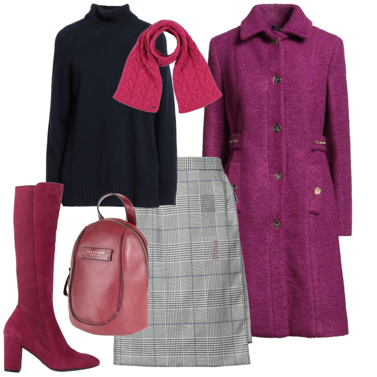 Outfit donna - Porpora e galles. Stile Chic per Ufficio. Abbinamento con cappotti, stivali, minigonne, zaini, maglieria, sciarpe.
