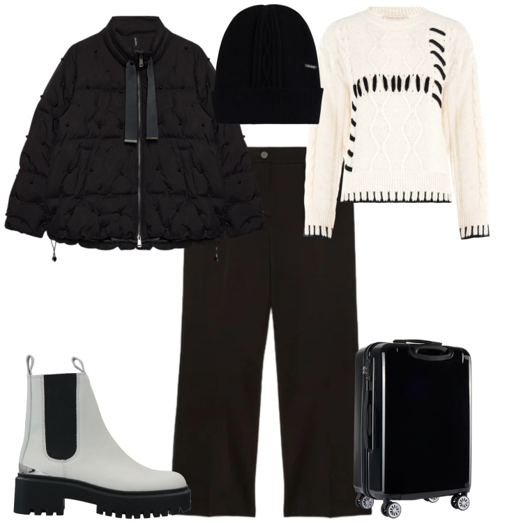 Outfit donna - Week end fuori porta. Stile Casual chic per Tutti i giorni. Abbinamento con stivaletti, maglieria, valigie, berretti, piumini, pantaloni.