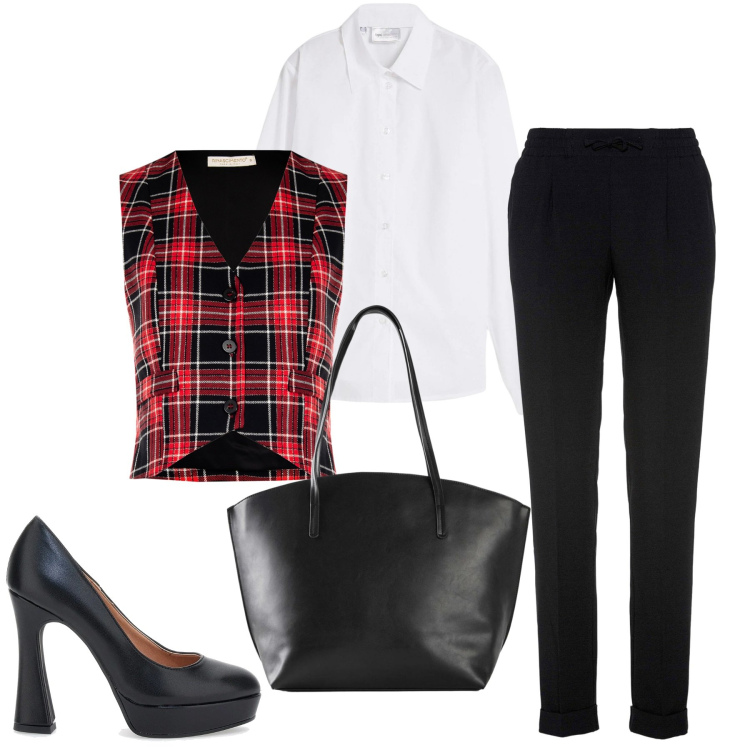 Outfit donna - Preppy in ufficio. Stile Preppy per Ufficio. Abbinamento con camicie, pantaloni, shopping bag, gilet, décolleté.