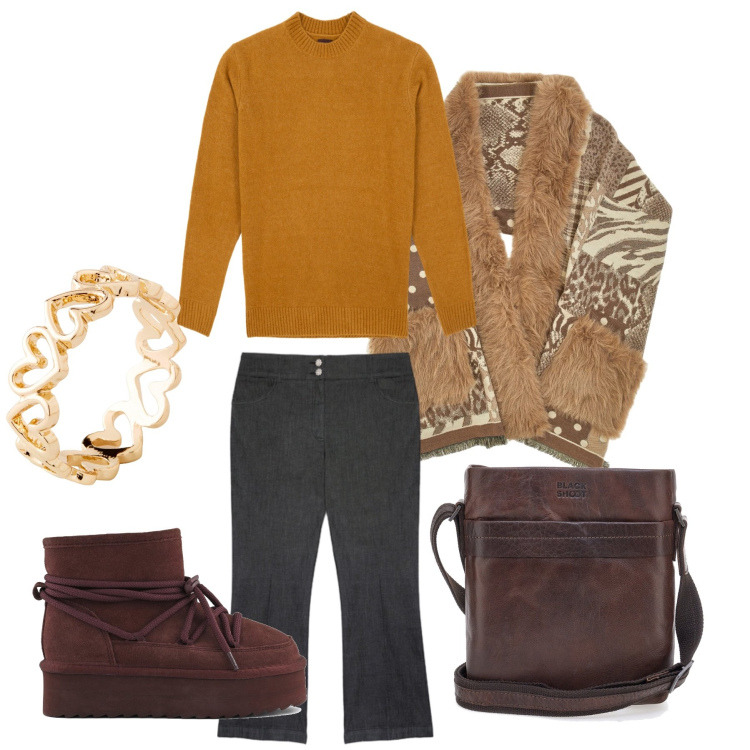 Outfit donna - Senape e Denim. Stile Casual chic per Tutti i giorni. Abbinamento con anelli, jeans, stivaletti, maglieria, cappe, borse sportive.