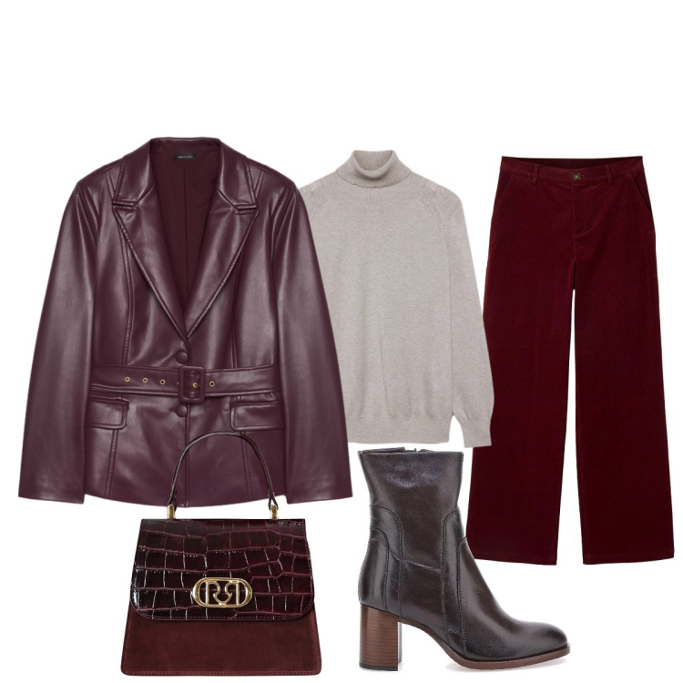 Outfit donna - Serata con le amiche del cuore. Stile Glamour per Serata fuori. Abbinamento con pantaloni, borse a mano, stivaletti, blazer, maglieria.