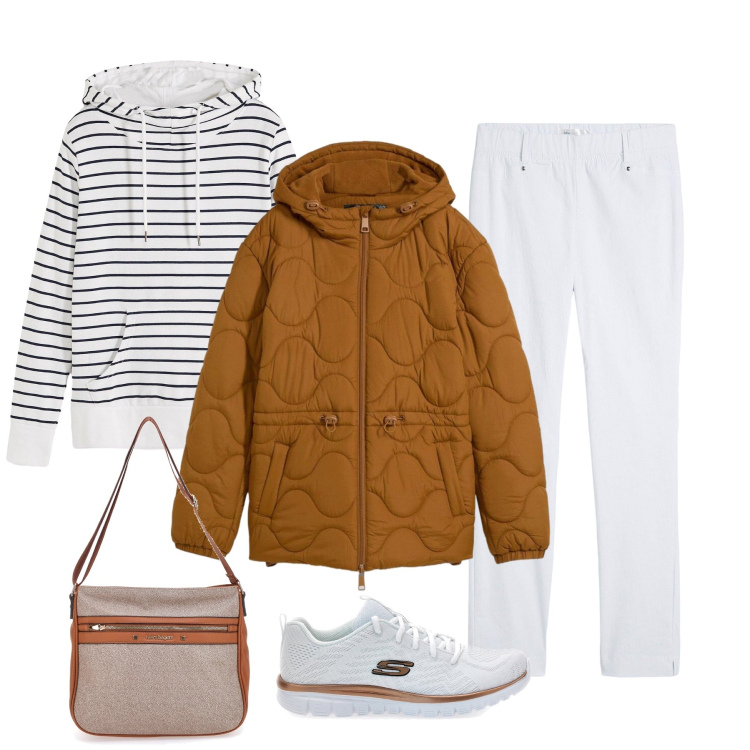 Outfit donna - Righe e Denim. Stile Casual chic per Tutti i giorni. Abbinamento con giacche, pantaloni, felpe con cappuccio, sneakers, borse a tracolla.