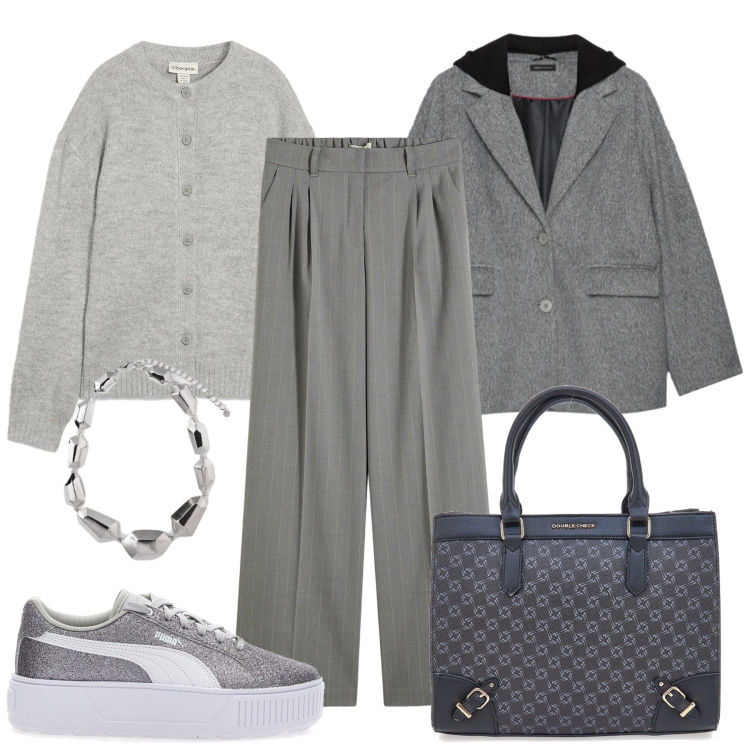 Outfit donna - Comodamente chic. Stile Casual chic per Tutti i giorni. Abbinamento con pantaloni a palazzo, cardigans, borse a tracolla, ciondoli, cappotti, sneakers.