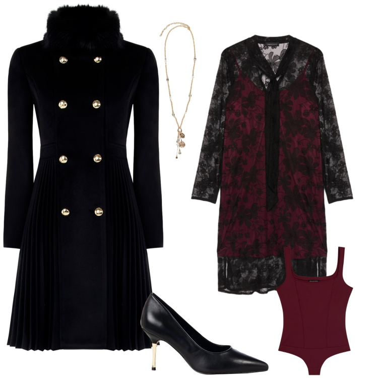 Outfit donna - Serata evento speciale. Stile Romantica per Serata fuori. Abbinamento con body, décolleté, cappotti, vestiti corti, ciondoli.