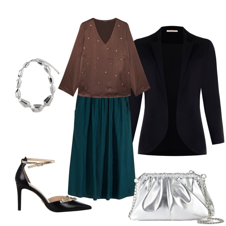Outfit donna - Smeraldo e Satin. Stile Glamour per Tutti i giorni. Abbinamento con gonne lunghe, borse a tracolla, décolleté, blazer, ciondoli, bluse.