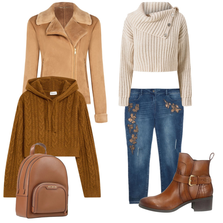 Outfit donna - Calore Urban & Dettagli Boho. Stile Boho per Tutti i giorni. Abbinamento con maglieria, zaini, maglieria, giacche, stivaletti, jeans skinny.