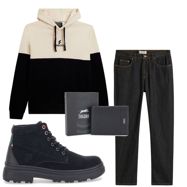 Outfit uomo - Total look #2325648. Stile Casual per Tutti i giorni. Abbinamento con jeans dritti, felpe con cappuccio, stivali e stivaletti, portafogli.