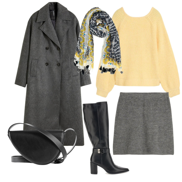 Outfit donna - Stivali mon amour. Stile Casual chic per Ufficio. Abbinamento con cappotti, maglieria, minigonne, borse a tracolla, sciarpe, stivali.