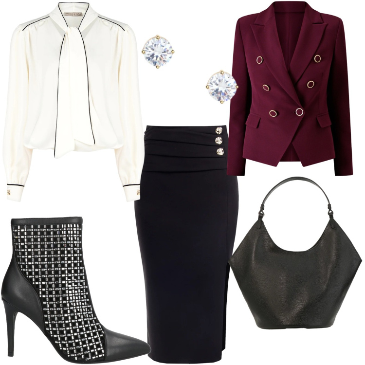 Outfit donna - Outfit febbraio. Stile Casual chic per Tutti i giorni. Abbinamento con stivaletti, borse a spalla, gonne longuette, blazer, bluse, orecchini.