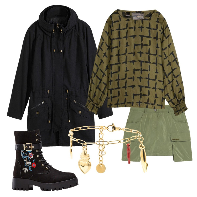 Outfit donna - Military con il bracciale a cuore. Stile Military per Cerimonia. Abbinamento con stivali, parka, bluse, minigonne, braccialetti.