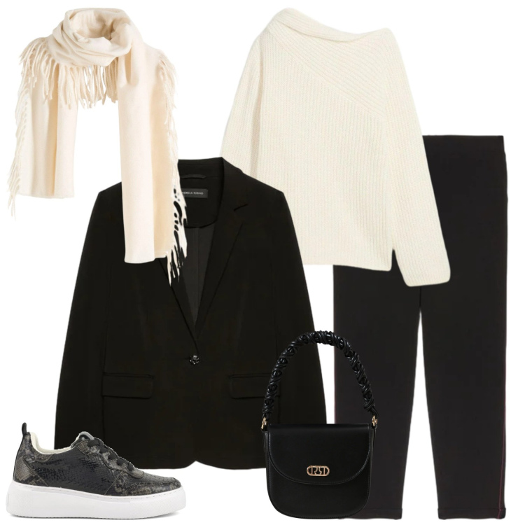 Outfit donna - Total look #2325666. Stile Casual chic per Ufficio. Abbinamento con sciarpe, maglieria, borse a mano, blazer, pantaloni, sneakers.