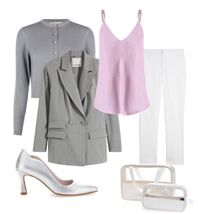 Outfit donna - Seta e Riflessi Argento. Stile Glamour per Tutti i giorni. Abbinamento con blazer, pantaloni, canottiere, cardigans, décolleté, clutch.
