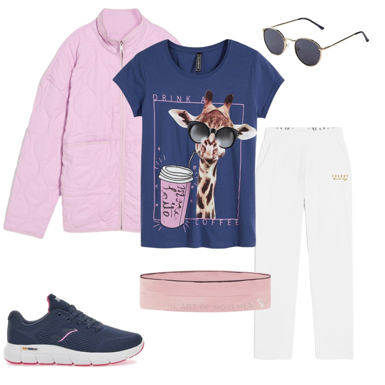 Outfit donna - Urban Giraffe Style. Stile Casual chic per Tutti i giorni. Abbinamento con giacche, t-shirt, occhiali da sole, marsupi, pantaloni, sneakers.