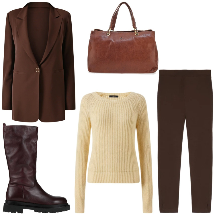 Outfit donna - English country outfit. Stile Sporty chic per Tutti i giorni. Abbinamento con stivali, blazer, maglieria, leggings, borse a tracolla.
