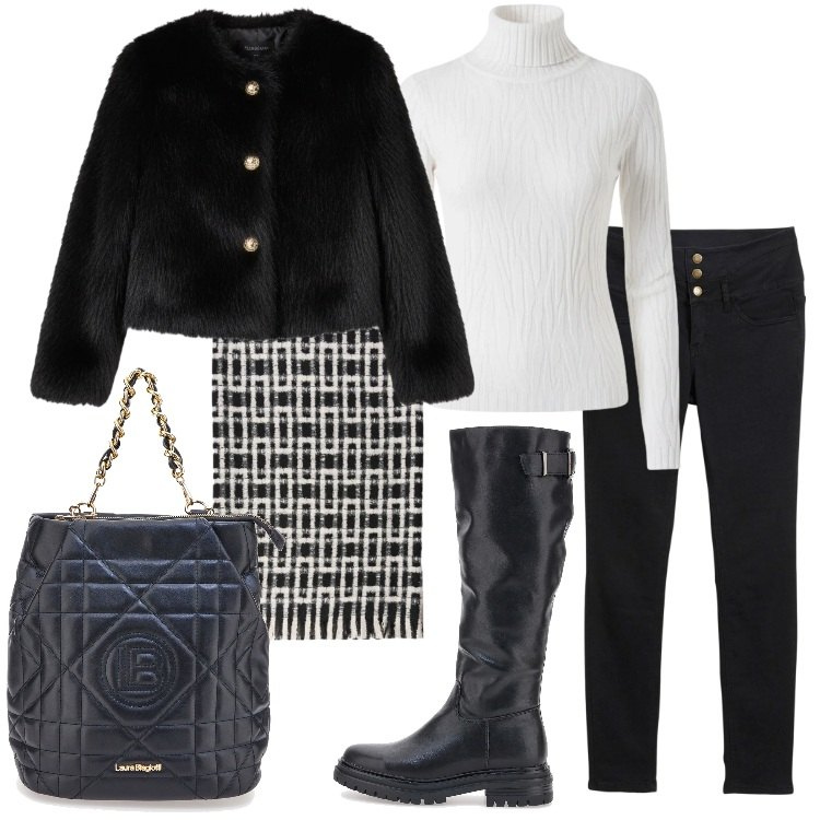 Outfit donna - Stivali al ginocchio e jeans skinny. Stile Trendy per Tutti i giorni. Abbinamento con jeans skinny, ecopellicce, maglieria, stivali sopra il ginocchio, zaini, sciarpe.