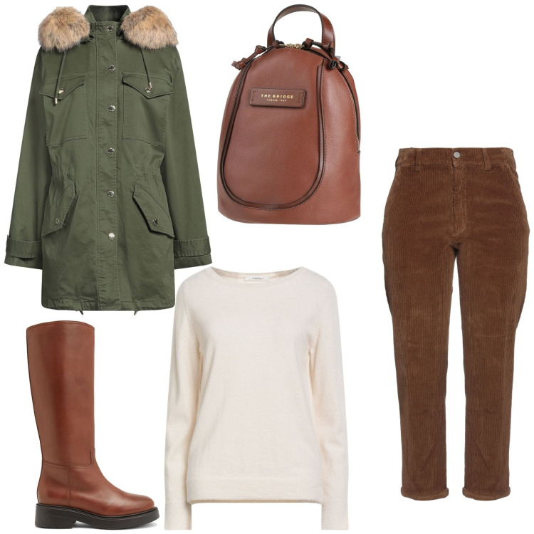 Outfit donna - British style. Stile Casual chic per Tutti i giorni. Abbinamento con stivali, zaini, pullovers, pantaloni, parka.
