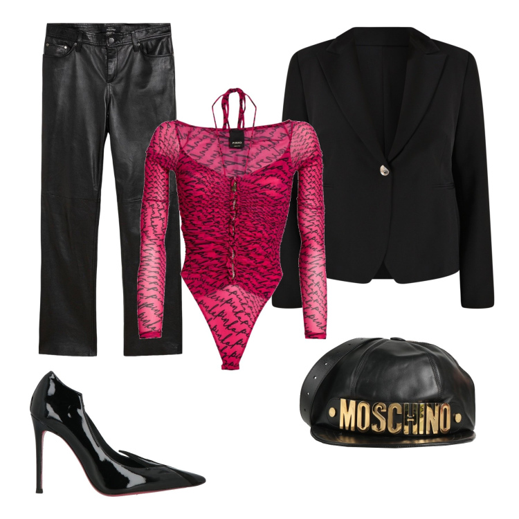 Outfit donna - Fuchsia Power. Stile Glamour per Serata fuori. Abbinamento con pantaloni, décolleté, body, marsupi, blazer.