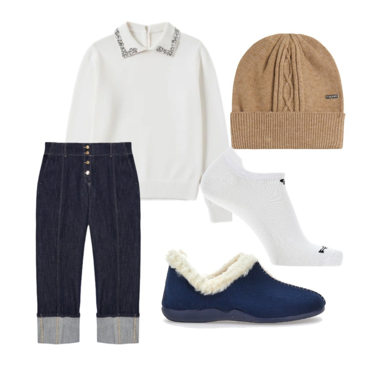 Outfit donna - Stare a casa. Stile Basic per Tutti i giorni. Abbinamento con calzini, berretti, pullovers, jeans, pantofole.