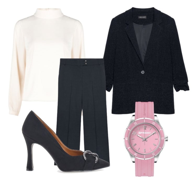 Outfit donna - Pronta per il colloquio. Stile Mannish per Ufficio. Abbinamento con orologi, bluse, pantaloni chino, décolleté, blazer.
